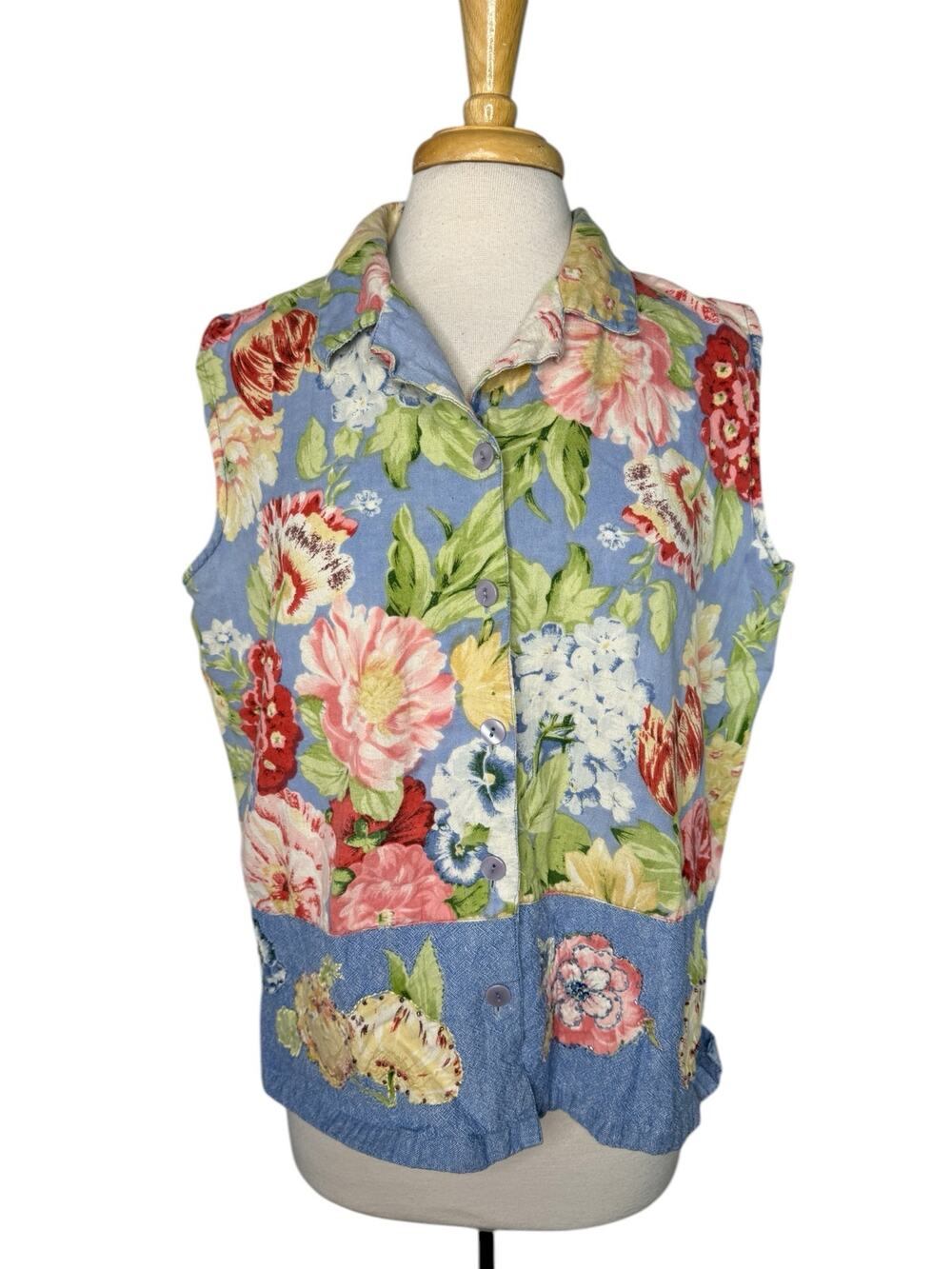 SHAVER LAKE Floral Linen Blend Sleeveless Button Up Top Size 1X Beaded Blue Pink